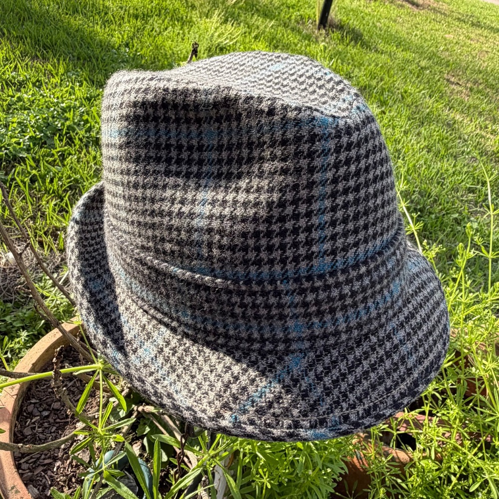 Churchill Ltd Fedora Hat Men Size M Houndstooth Blue Windowpane Cashmere Vintage